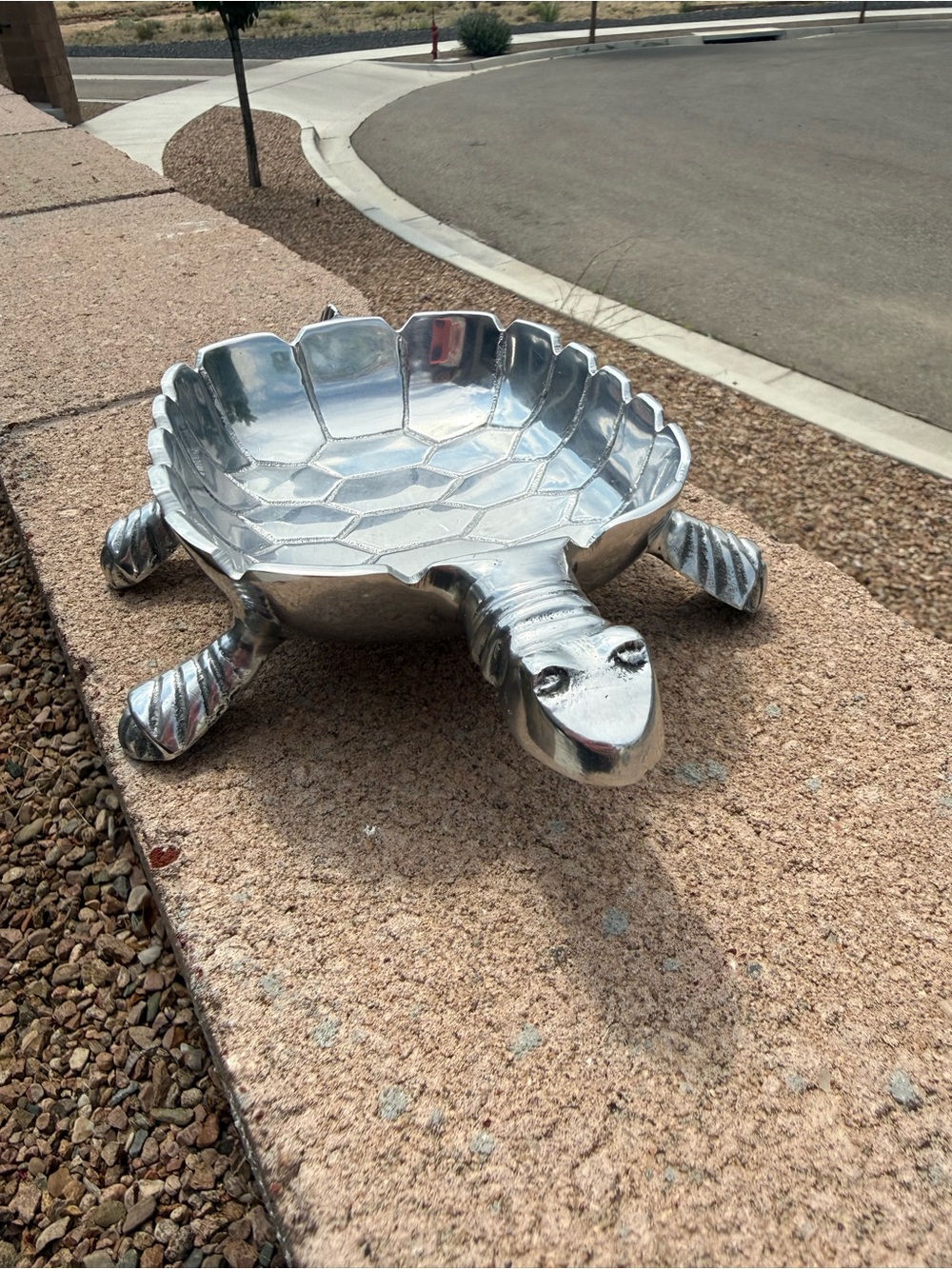 World Market Hand Cast Aluminum Turtle Trinket Dish Bowl Chrome Silver 10”x5